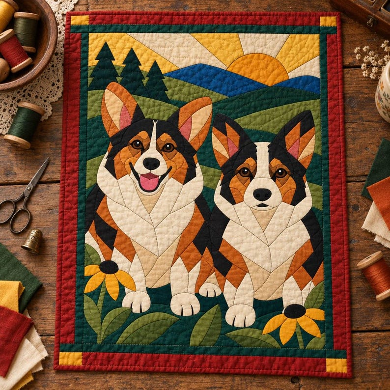Corgi Pair Quilt Pattern, Applique & Collage Dog Quilt, Animal Quilt Pattern PDF, Patchwork Wall Hanging, Folk Art Quilt Template image 2