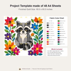 Raccoon Quilt Pattern, Raw Edge Fusible Applique, Animal Quilt Pattern PDF, Patchwork Wall Hanging, Folk Art Quilt Template image 14