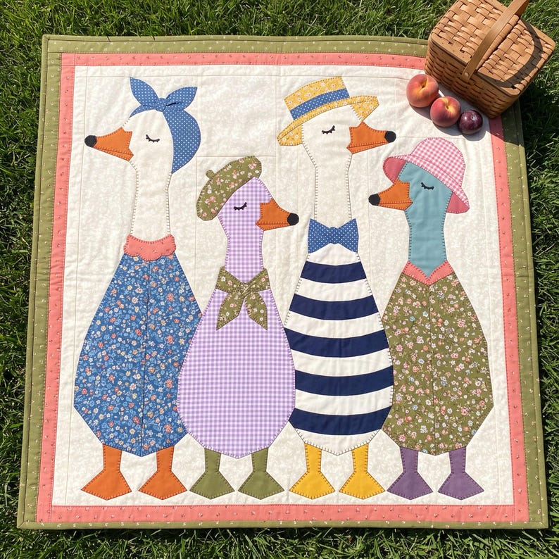 Dressed Geese Quilt Pattern, 2 Designs & 5 Sizes up to 60in, Raw Edge Fusible Applique, Animal Quilt Pattern PDF, Folk Art Geese Bed Quilt image 5