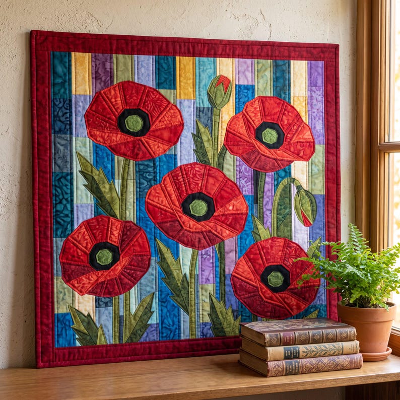 Klaprozenquiltpatroon, applicatie met rafelige rand en strijkapplicatie, bloemenquiltpatroon (PDF), patchwork wandkleed, sjabloon voor een quilt in volkskunststijl afbeelding 15