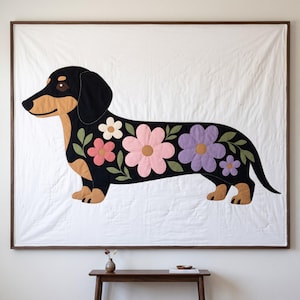Dachshund Quilt Pattern, Dog Wall Hanging Quilt Pattern PDF, Easy Floral Applique Quilt for Beginners, Doxie Gift, Raw Edge Fusible Applique image 1