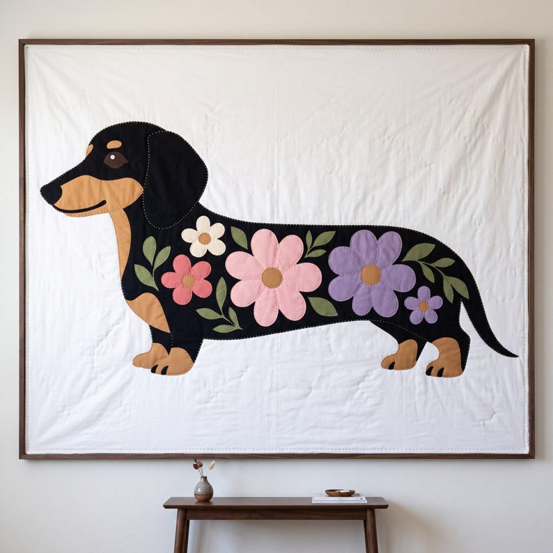 Dachshund Quilt Pattern, Dog Wall Hanging Quilt Pattern PDF, Easy Floral Applique Quilt for Beginners, Doxie Gift, Raw Edge Fusible Applique image 1