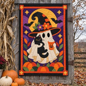 Halloween Ghost Quilt Pattern, Applique & Collage Quilt, Black Cat Quilt Pattern PDF, Patchwork Wall Hanging, Witch Hat Pumpkin Template image 14