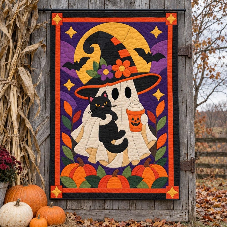 Halloween Ghost Quilt Pattern, Applique & Collage Quilt, Black Cat Quilt Pattern PDF, Patchwork Wall Hanging, Witch Hat Pumpkin Template image 14