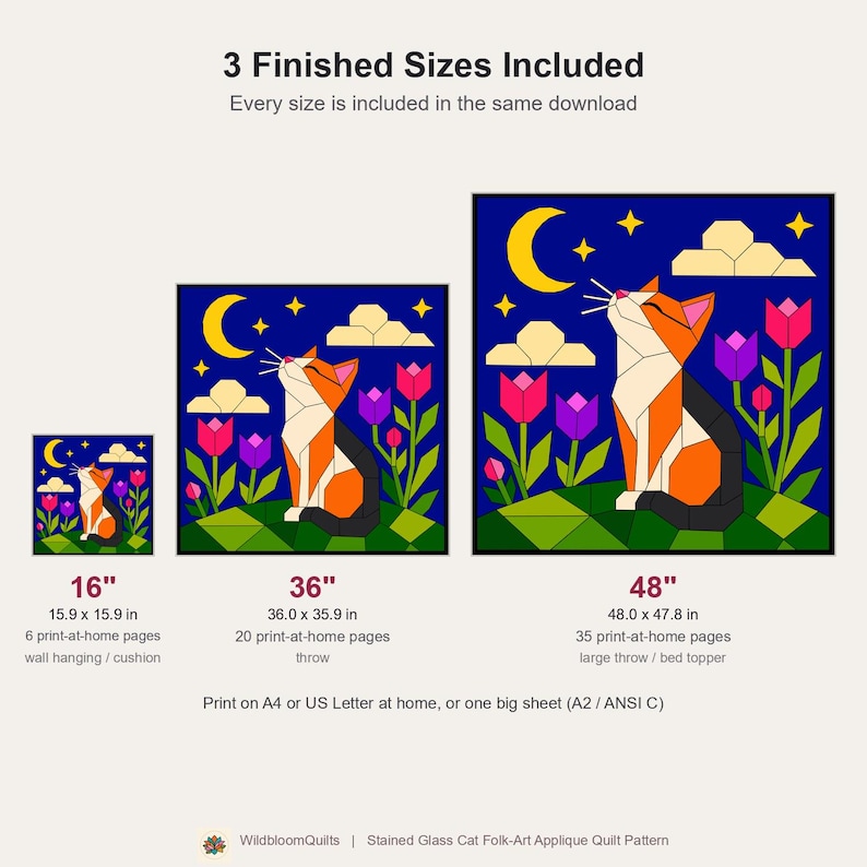 Cat Quilt Pattern, Cat Wall Hanging Quilt Pattern PDF, Easy Applique Quilt for Beginners, Folk Art Cat Lover Gift, Raw Edge Fusible Applique image 3