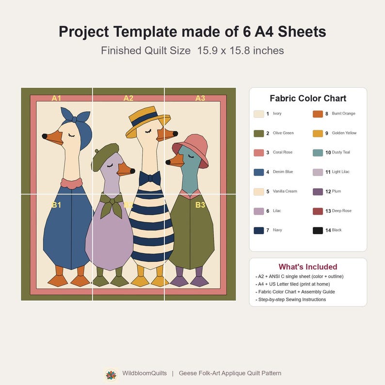 Dressed Geese Quilt Pattern, 2 Designs & 5 Sizes up to 60in, Raw Edge Fusible Applique, Animal Quilt Pattern PDF, Folk Art Geese Bed Quilt image 12