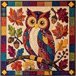 Herfstuil quiltpatroon, rafelige rand applicatie met strijkapplicatie, dieren quiltpatroon PDF, patchwork wandkleed, volkskunst herfst quilt sjabloon afbeelding 2