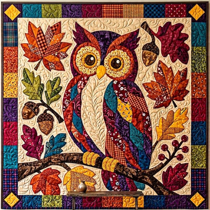 Herfstuil quiltpatroon, rafelige rand applicatie met strijkapplicatie, dieren quiltpatroon PDF, patchwork wandkleed, volkskunst herfst quilt sjabloon afbeelding 2