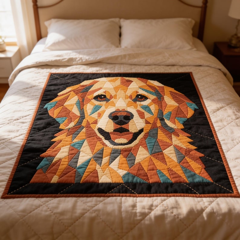 May include: A square quilt featuring a geometric, multi-colored dog portrait centered on a black background. The dog is rendered in shades of gold, tan, brown, and teal, composed of triangular fabric pieces with visible stitching throughout the design.