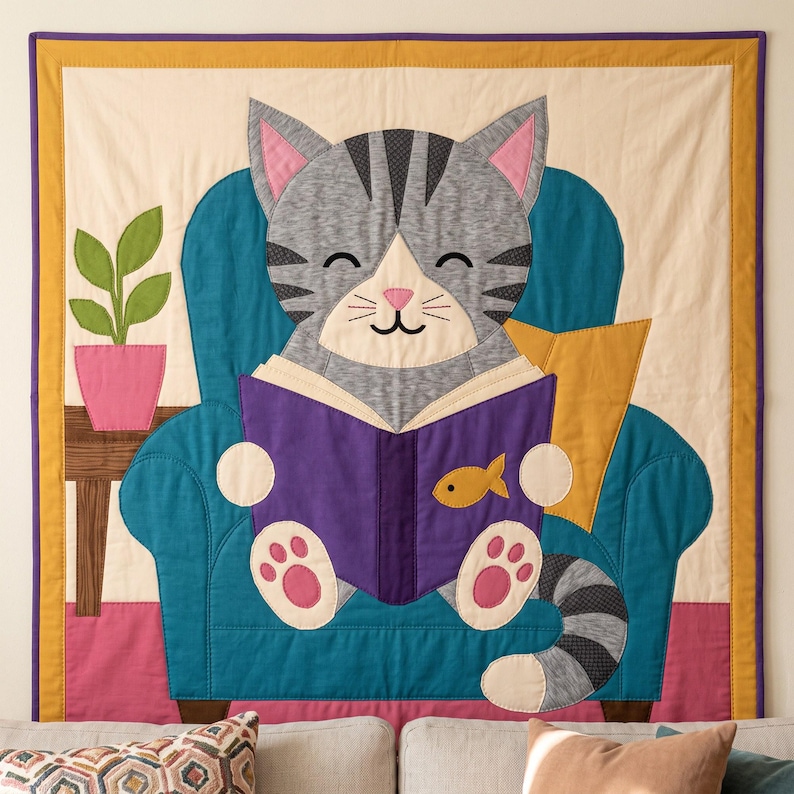 Reading Cat Quilt Pattern, Raw Edge Fusible Applique, Cat Quilt Pattern PDF, Patchwork Wall Hanging, Folk Art Quilt Template image 8