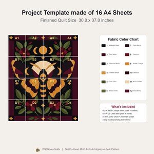 Death's Head Moth Quilt Pattern, Applique & Collage Quilt, Gothic Moth PDF Pattern, Patchwork Wall Hanging, Folk Art Quilt Template image 16
