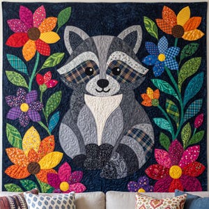 Raccoon Quilt Pattern, Raw Edge Fusible Applique, Animal Quilt Pattern PDF, Patchwork Wall Hanging, Folk Art Quilt Template image 4