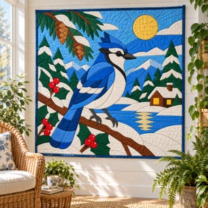Blue Jay Quilt Pattern, Applique & Collage Quilt, Winter Bird Quilt Pattern PDF, Patchwork Wall Hanging, Folk Art Quilt Template image 8
