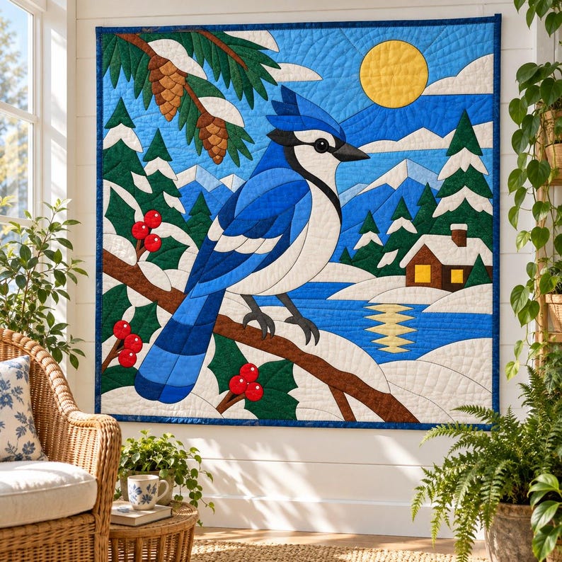 Blue Jay Quilt Pattern, Applique & Collage Quilt, Winter Bird Quilt Pattern PDF, Patchwork Wall Hanging, Folk Art Quilt Template image 8