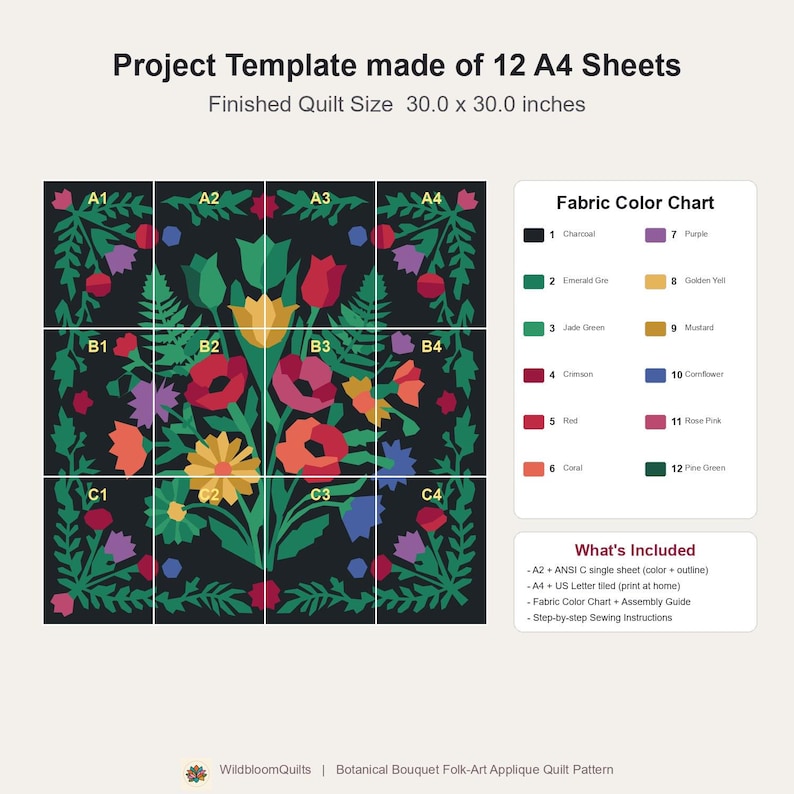 Cottagecore Quilt Pattern, Floral Wall Hanging Quilt Pattern PDF, Botanical Applique Quilt, Raw Edge Fusible Applique image 4