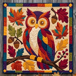 Herfstuil quiltpatroon, rafelige rand applicatie met strijkapplicatie, dieren quiltpatroon PDF, patchwork wandkleed, volkskunst herfst quilt sjabloon afbeelding 8