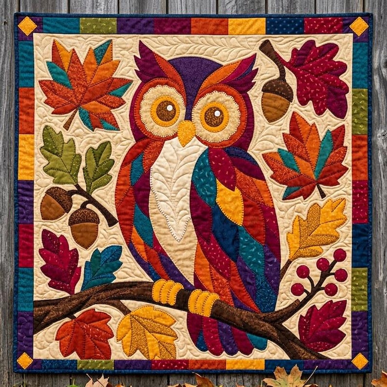 Herfstuil quiltpatroon, rafelige rand applicatie met strijkapplicatie, dieren quiltpatroon PDF, patchwork wandkleed, volkskunst herfst quilt sjabloon afbeelding 8