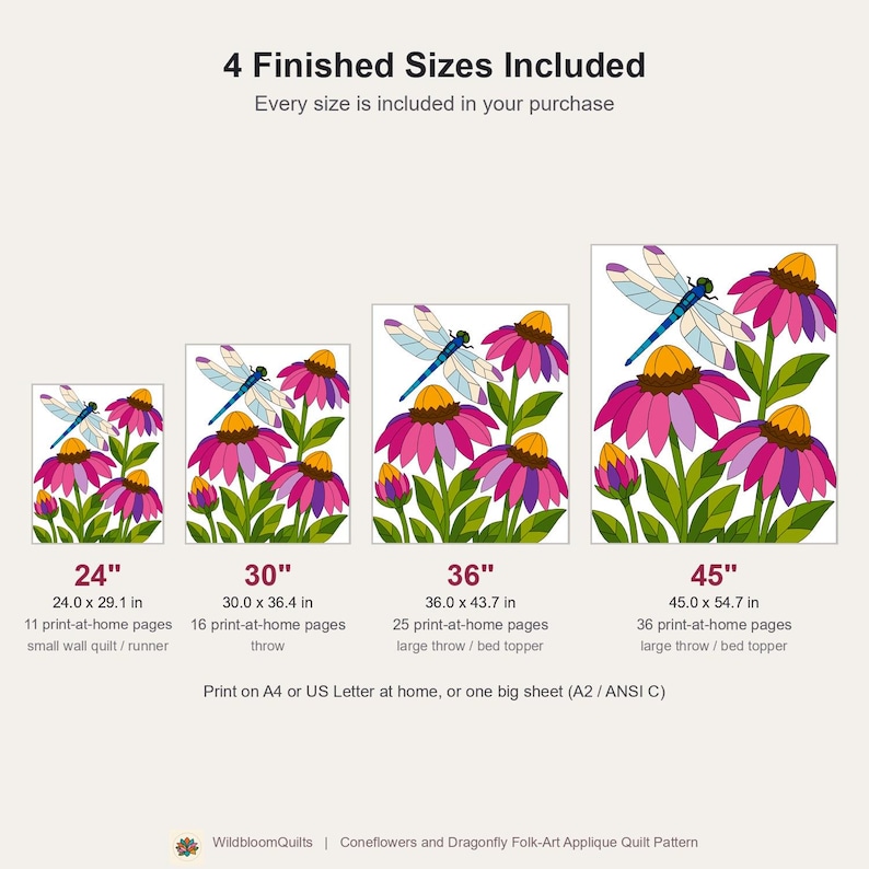 Mönster med trollslända- och solhattblommigt quiltmönster, applikations- och collagequilt i PDF-format, quiltmönster med blommigt djurmönster, applikation med råa kanter och smältbara mönster bild 3