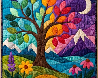 Patrón de colcha de árbol paisajístico, colcha de apliques y collage en PDF, tapiz de pared de naturaleza de arte popular, aplique termoadhesivo con borde sin rematar
