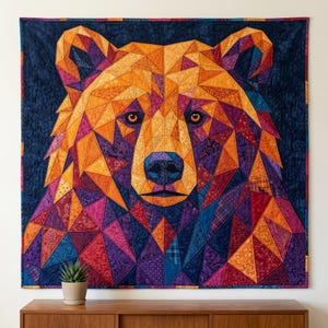 Patrón de edredón de oso, aplique termoadhesivo geométrico con borde sin rematar, patrón de edredón de animales en PDF, tapiz de pared de patchwork, plantilla de edredón de arte popular imagen 10