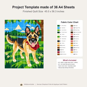 Quiltmuster für einen Deutschen Schäferhund, Applikations- und Collage-Hundequilt, Tierquiltmuster (PDF), Patchwork-Wandbehang, Quiltvorlage im Volkskunststil Bild 17