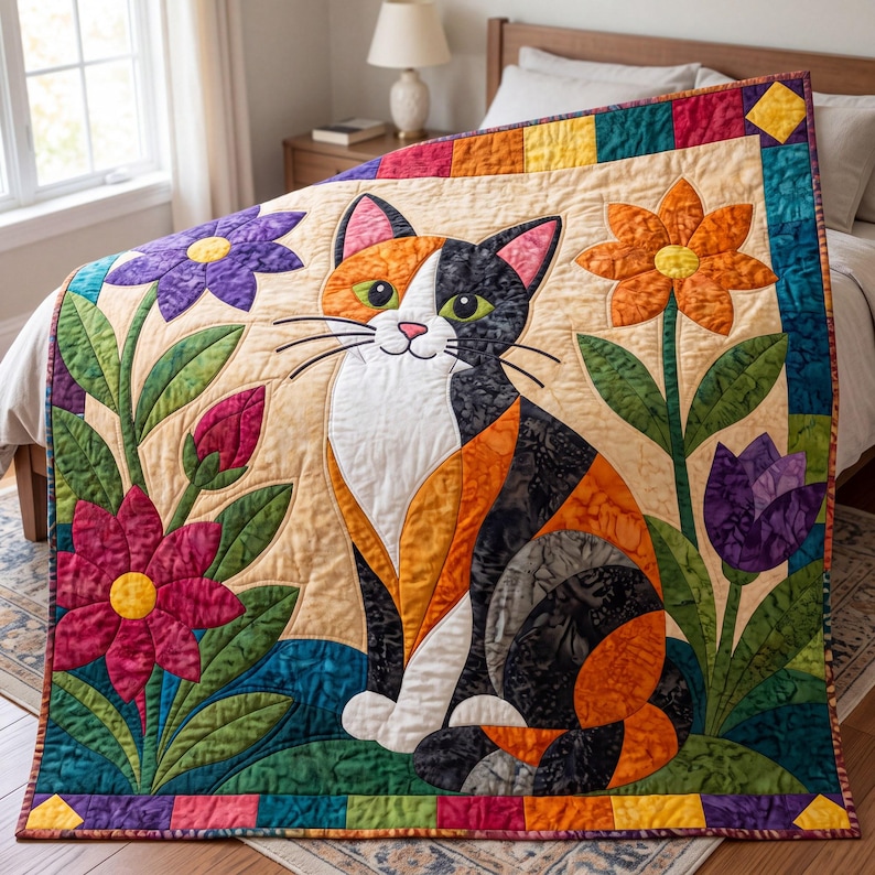 Calico Cat Quilt Pattern, Applique & Collage Quilt, Animal Quilt Pattern PDF, Patchwork Wall Hanging, Folk Art Quilt Template image 9