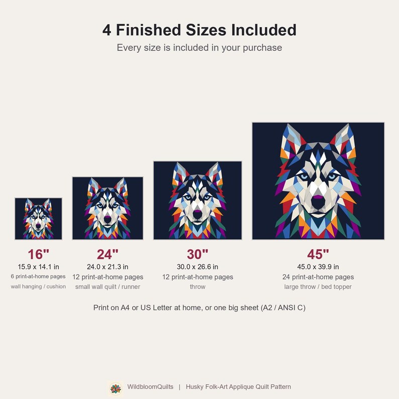 Husky Quilt Pattern, Dog Wall Hanging Quilt Pattern PDF, Beginner Applique Quilt Pattern, Wolf Dog Wall Quilt, Raw Edge Fusible Applique image 3