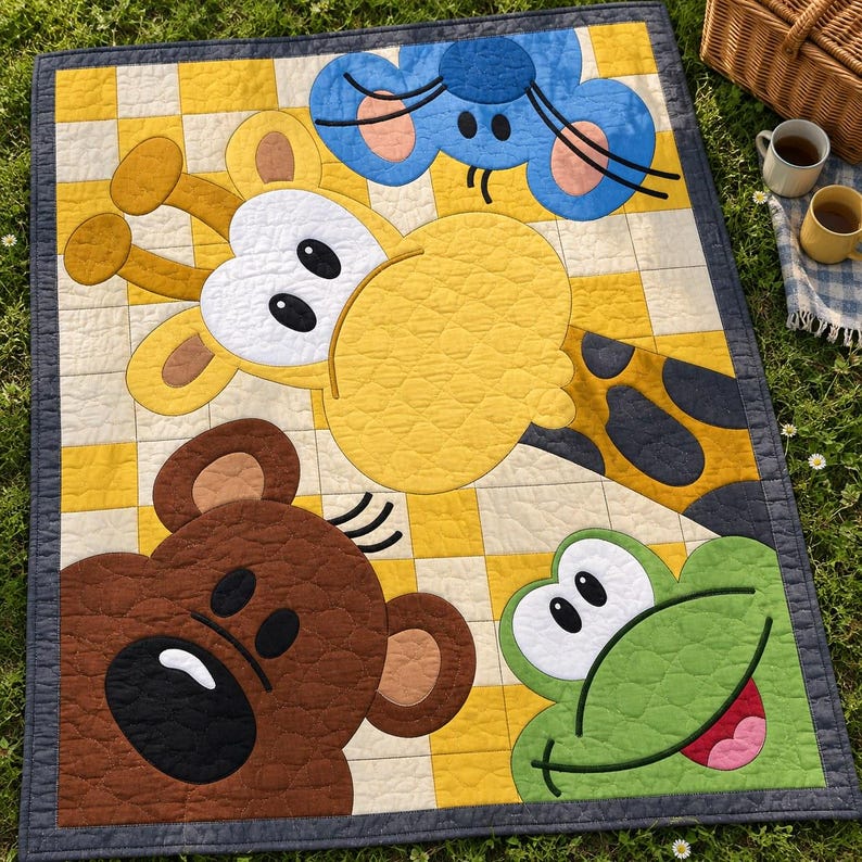 Mönster för quilt med kikande djurungar, applikations- och collagequilt i PDF-format, mönster för barnquilt med djurmotiv, väggbonad med lapptäcke för barnrum, quilt med folkkonst bild 11