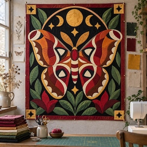 Atlas Moth Quilt Pattern, Applique & Collage Quilt PDF, Moon Phase Quilt Pattern, Folk Art Wall Hanging, Botanical Patchwork Template image 11