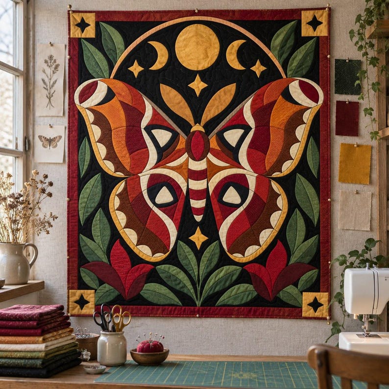 Atlas Moth Quilt Pattern, Applique & Collage Quilt PDF, Moon Phase Quilt Pattern, Folk Art Wall Hanging, Botanical Patchwork Template image 11