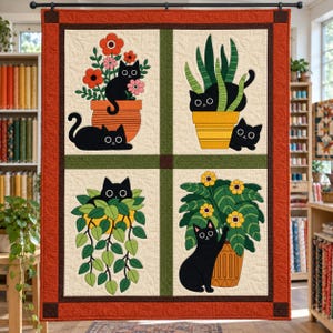 Black Cat Quilt Pattern, Applique & Collage Quilt, Houseplant Cat Quilt PDF, Patchwork Wall Hanging, Folk Art Animal Quilt Template image 8