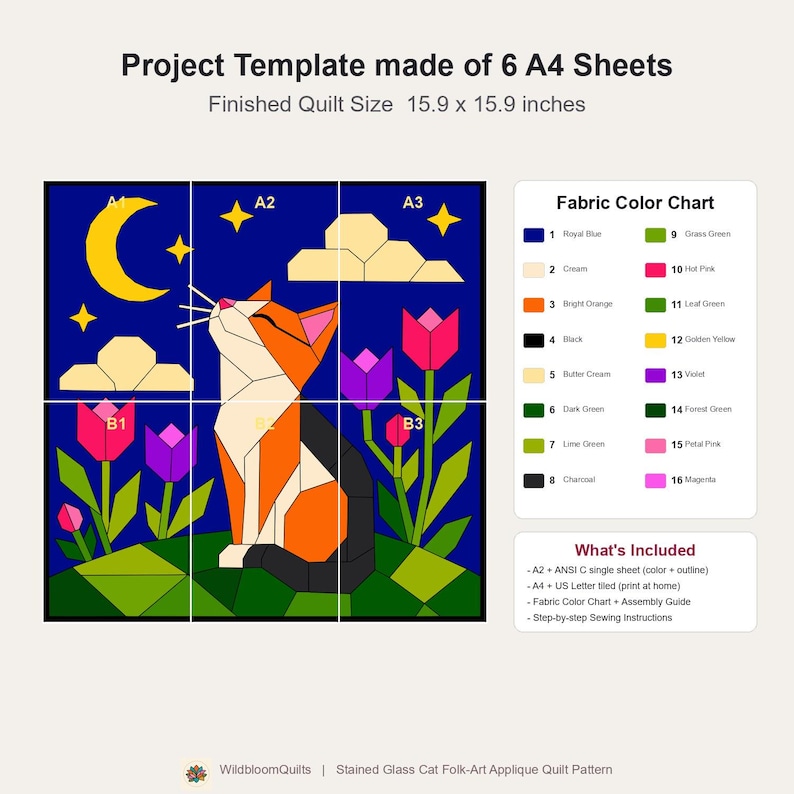 Cat Quilt Pattern, Cat Wall Hanging Quilt Pattern PDF, Easy Applique Quilt for Beginners, Folk Art Cat Lover Gift, Raw Edge Fusible Applique image 11