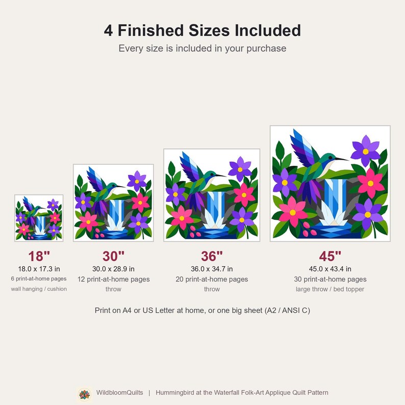 Hummingbird Quilt Pattern, Bird Wall Hanging Quilt Pattern PDF, Beginner Applique Quilt, Raw Edge Fusible Applique image 3