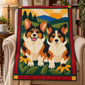 Corgi Pair Quilt Pattern, Applique & Collage Dog Quilt, Animal Quilt Pattern PDF, Patchwork Wall Hanging, Folk Art Quilt Template image 5