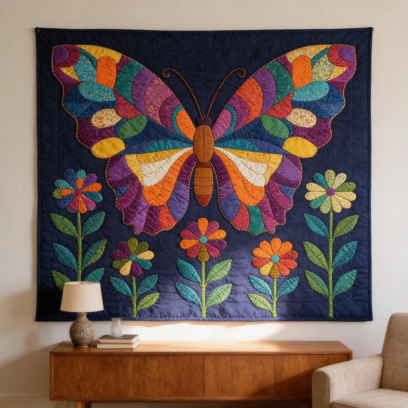 Butterfly Garden Quilt Pattern, Raw Edge Fusible Applique PDF, Folk Art Animal Quilt, Patchwork Wall Hanging Template image 8