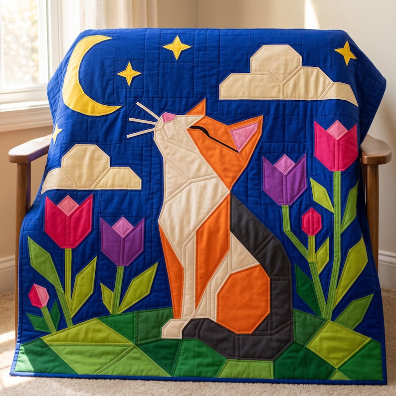 Cat Quilt Pattern, Cat Wall Hanging Quilt Pattern PDF, Easy Applique Quilt for Beginners, Folk Art Cat Lover Gift, Raw Edge Fusible Applique image 5
