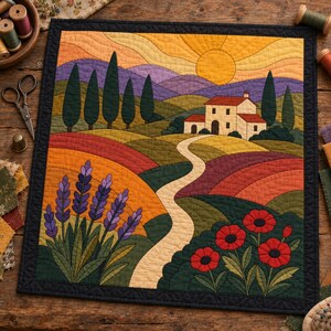 Tuscan Landscape Quilt Pattern, Applique & Collage Quilt PDF, Countryside Wall Hanging, Folk Art Patchwork, Raw Edge Fusible Applique image 8