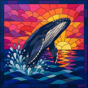 Humpback Whale Quilt Pattern, Raw Edge Fusible Applique PDF, Ocean Animal Quilt Pattern, Patchwork Wall Hanging, Folk Art Quilt Template image 2
