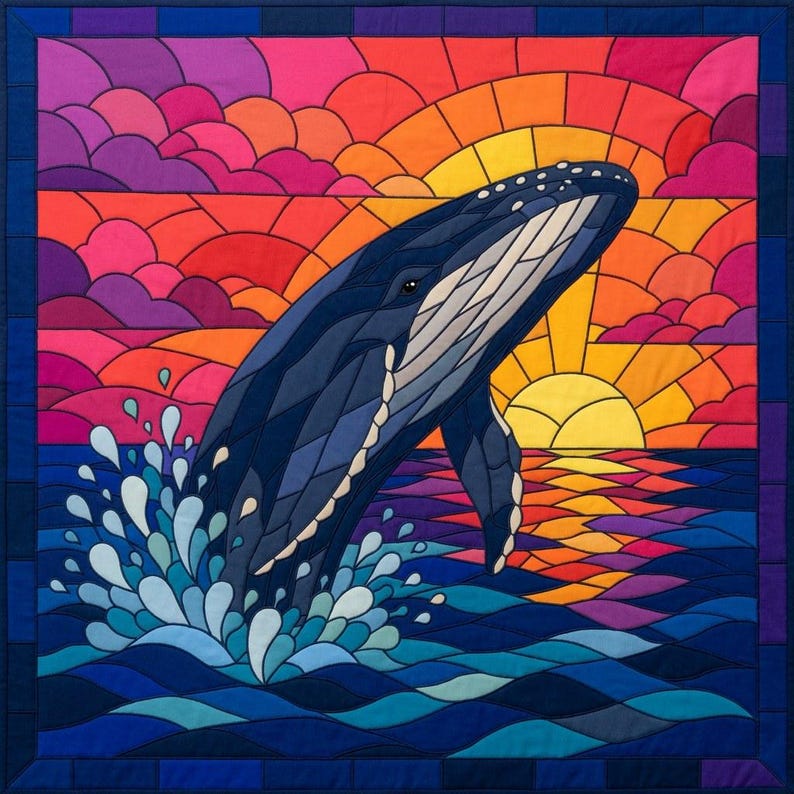 Humpback Whale Quilt Pattern, Raw Edge Fusible Applique PDF, Ocean Animal Quilt Pattern, Patchwork Wall Hanging, Folk Art Quilt Template image 2