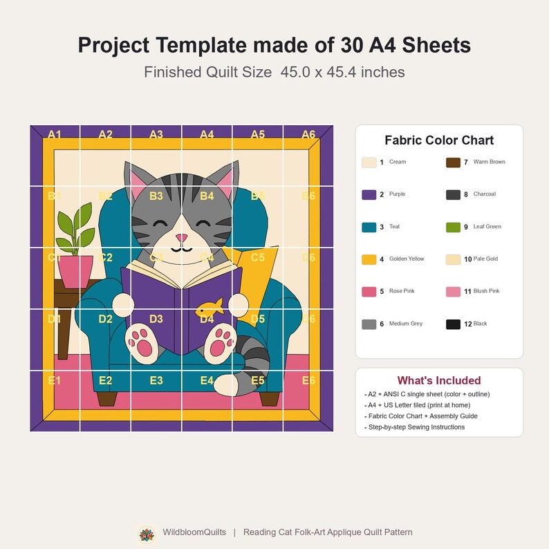 Reading Cat Quilt Pattern, Raw Edge Fusible Applique, Cat Quilt Pattern PDF, Patchwork Wall Hanging, Folk Art Quilt Template image 11