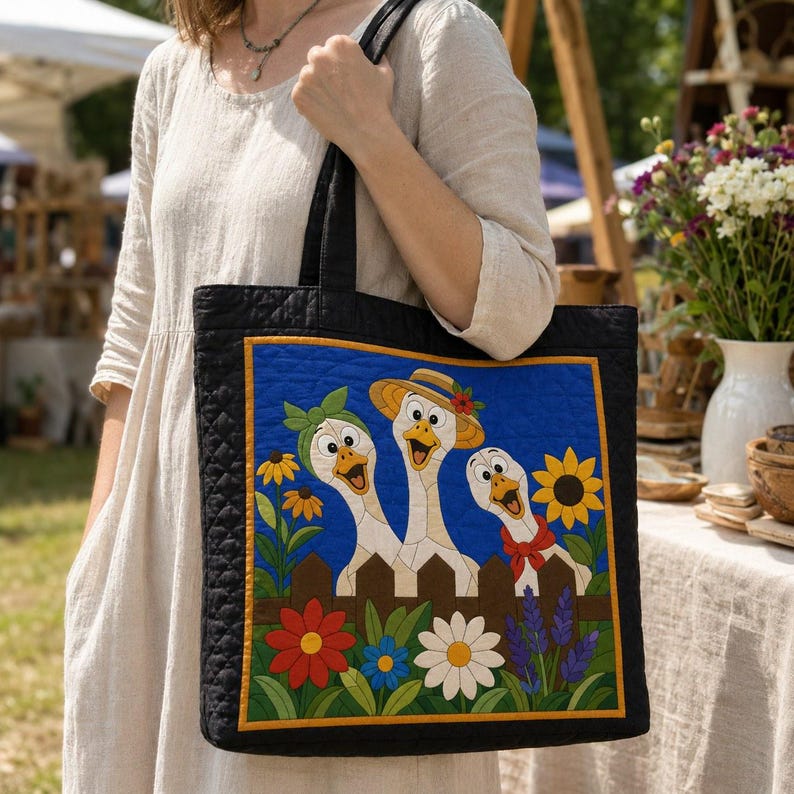 Funny Geese Quilt Pattern, Raw Edge Fusible Applique, Animal Quilt Pattern PDF, Patchwork Wall Hanging, Folk Art Quilt Template image 5