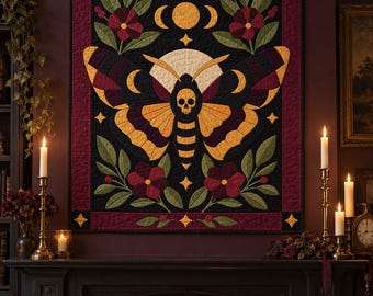 Death's Head Moth Quilt Pattern, Applique & Collage Quilt, Gothic Moth PDF Pattern, Patchwork Wall Hanging, Folk Art Quilt Template