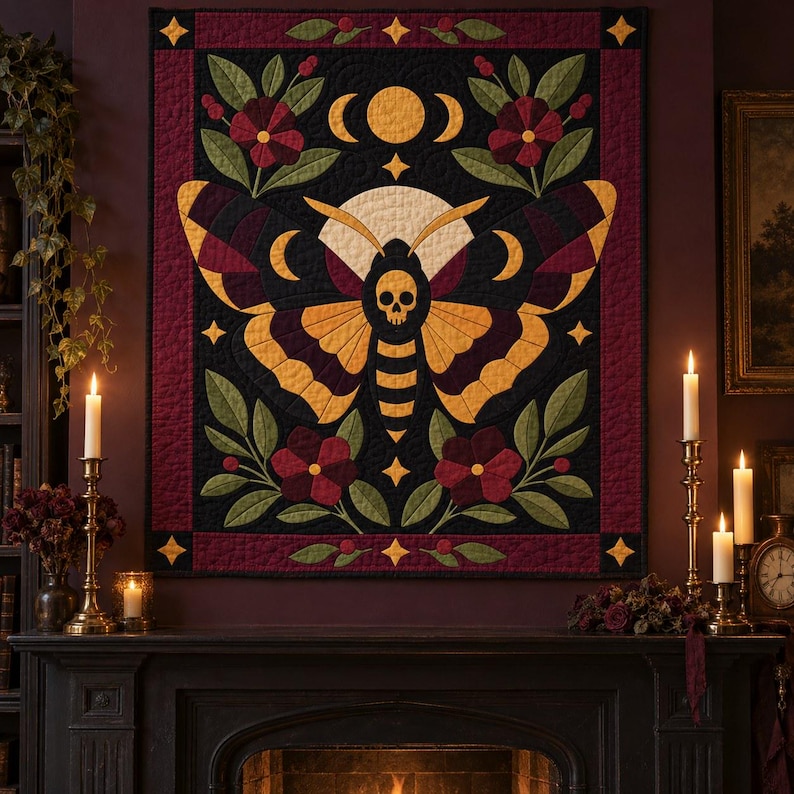 Death's Head Moth Quilt Pattern, Applique & Collage Quilt, Gothic Moth PDF Pattern, Patchwork Wall Hanging, Folk Art Quilt Template image 1
