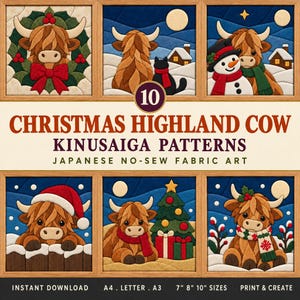 Könnte beinhalten: Eine Sammlung von 10 weihnachtlichen Highland-Cow-Kinusaiga-Mustern, einer japanischen Stoffkunst ohne Nähen. Die Bilder zeigen verschiedene Szenen von Highland-Rindern in winterlichen Umgebungen mit festlichen Dekorationen, darunter ein Schneemann.
