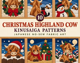 10 patrones navideños de vaca escocesa Kinusaiga, diseños Kinusaiga para principiantes, plantilla de patchwork de seda japonesa, descarga de tela digital