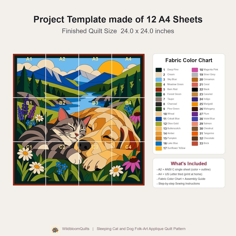 Sleeping Cat and Dog Quilt Pattern, Applique & Collage Quilt PDF, Pet Animal Quilt Pattern, Patchwork Wall Hanging, Folk Art Quilt Template image 14