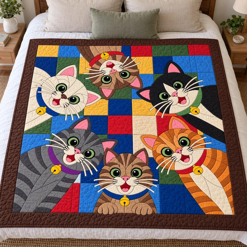 Six Cats Quilt Pattern, Applique & Collage Quilt, Cat Quilt Pattern PDF, Patchwork Wall Hanging, Folk Art Quilt Template image 8