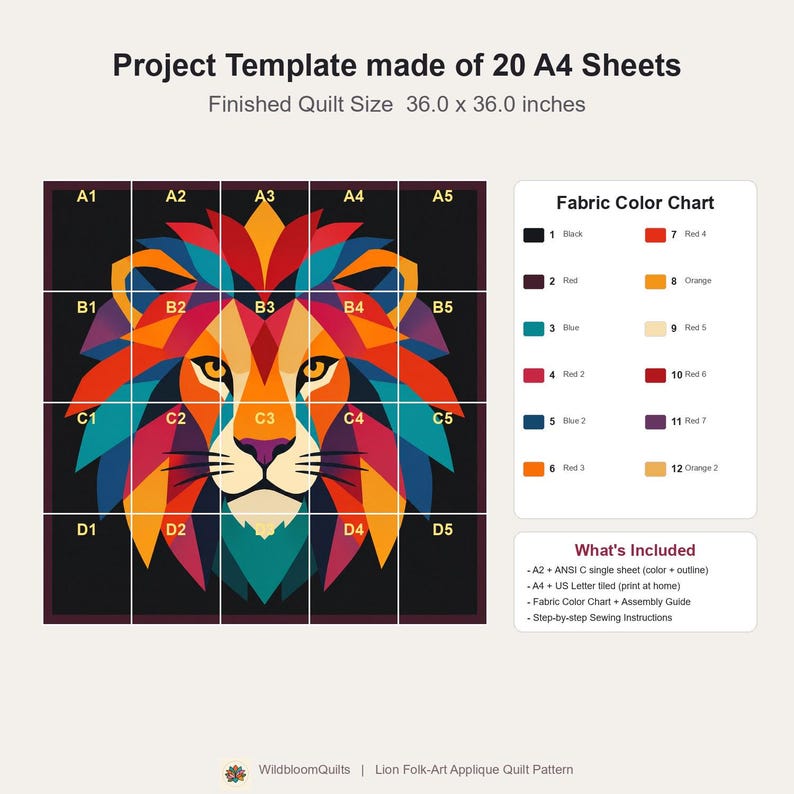 Löwen-Quiltmuster, Löwen-Wandbehang-Quiltmuster (PDF), Einfaches Applikationsquiltmuster für Anfänger, Applikation mit offener Kante zum Aufbügeln Bild 12