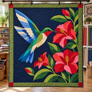 May include: A square wall hanging quilt featuring a central hummingbird with blue, green, and red plumage in flight toward two large red hibiscus flowers. The background is a dark navy blue with intricate swirling quilted patterns and a green border.