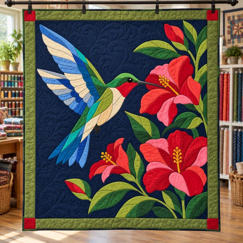 Patrón de colcha de colibrí, colcha de apliques y collage, patrón de colcha de pájaros en PDF, tapiz de pared de hibisco, plantilla de colcha de arte popular imagen 1